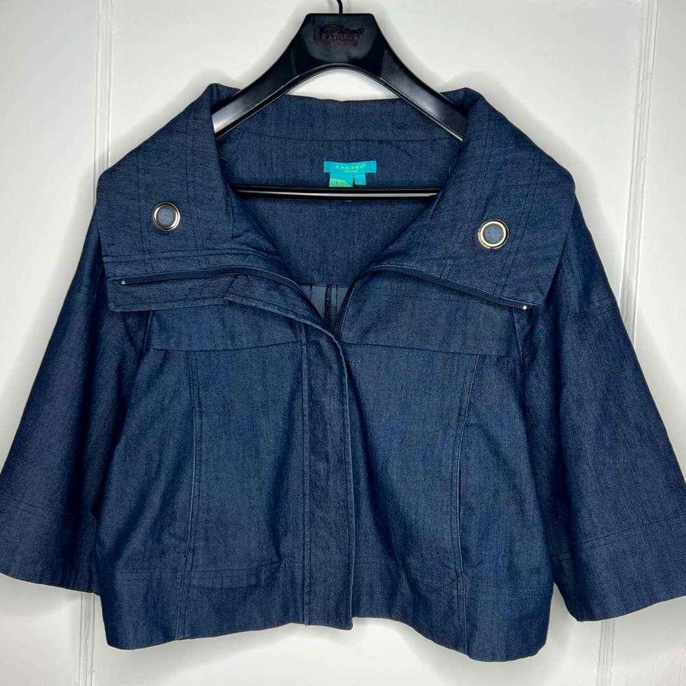 Sandro - Dark Wash Denim Cropped Zip-Up Jacket Sz L